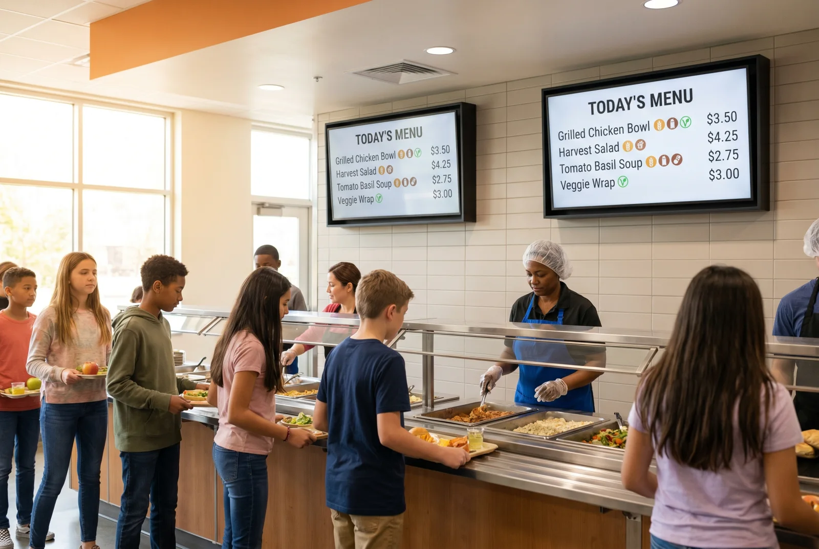 Digital cafeteria menu boards above a school servery line showing the day's menu, prices, and allergen markers as students collect lunch trays.