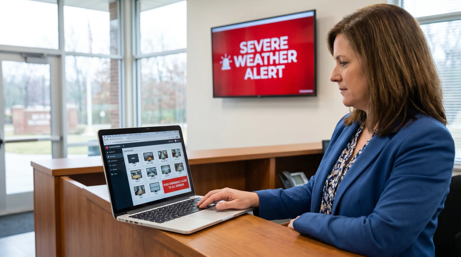 School administrator pushing an emergency alert to all screens from the digital signage software dashboard