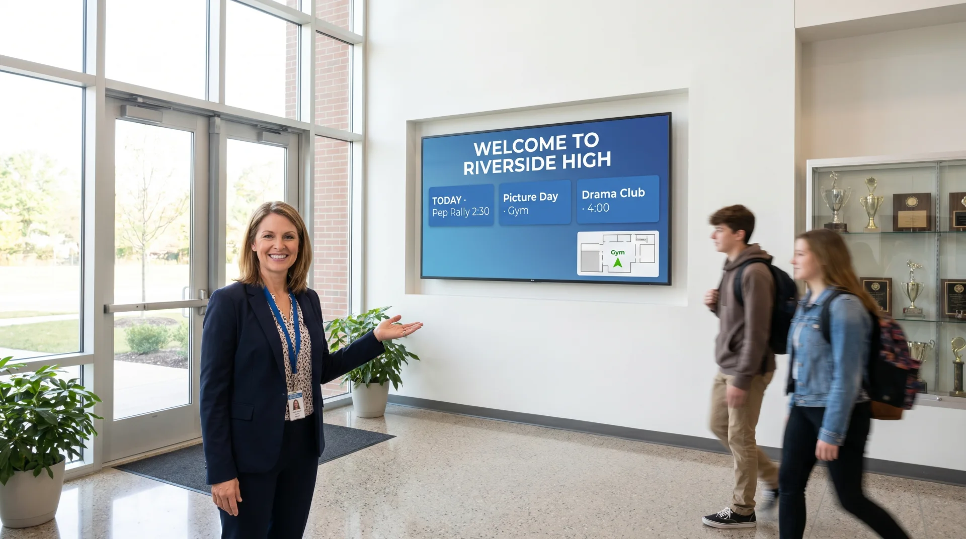 School principal showing a digital welcome and wayfinding display in a high-school entrance lobby.