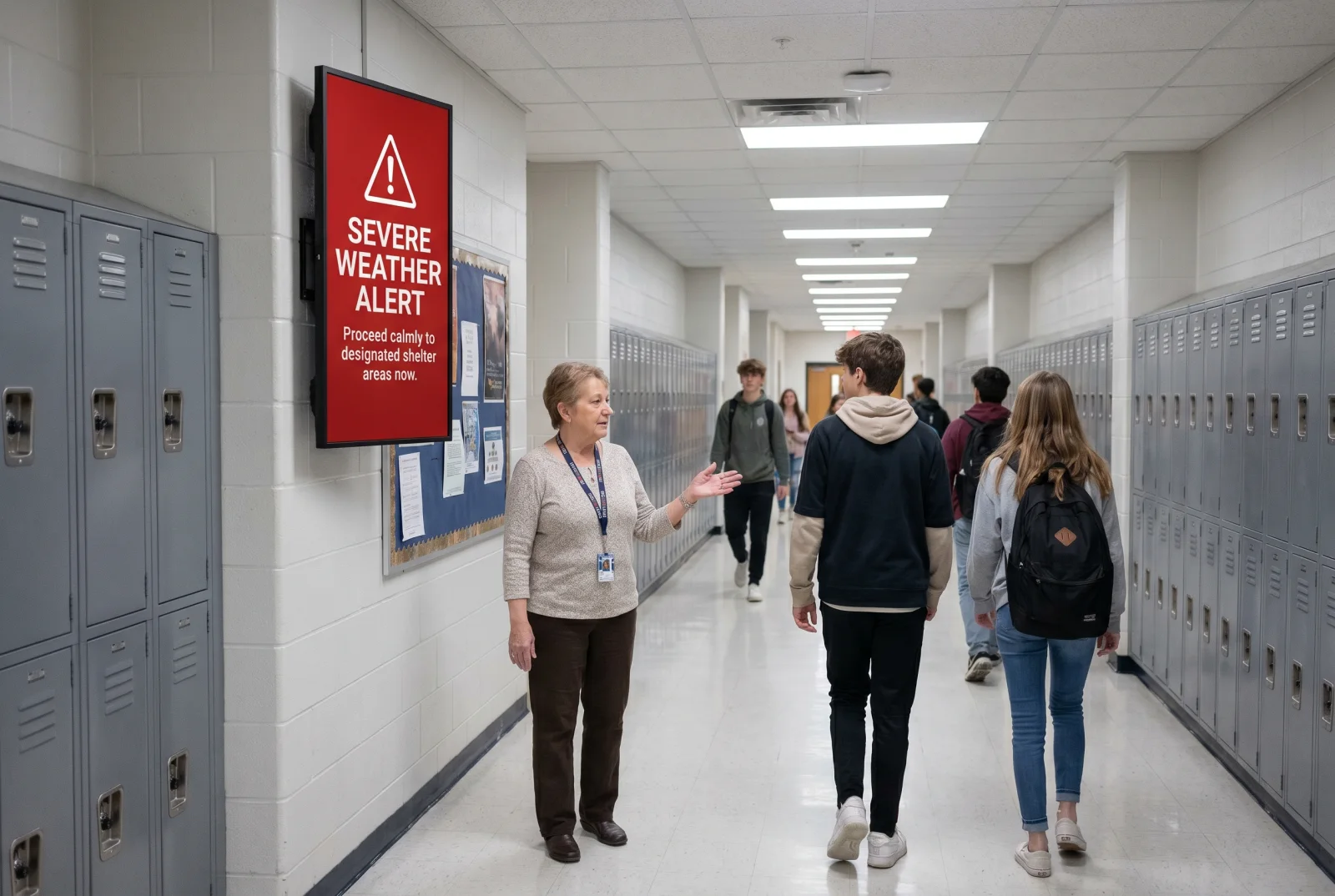 School hallway digital signage overridden by a campus-wide severe-weather emergency alert as a teacher directs students.