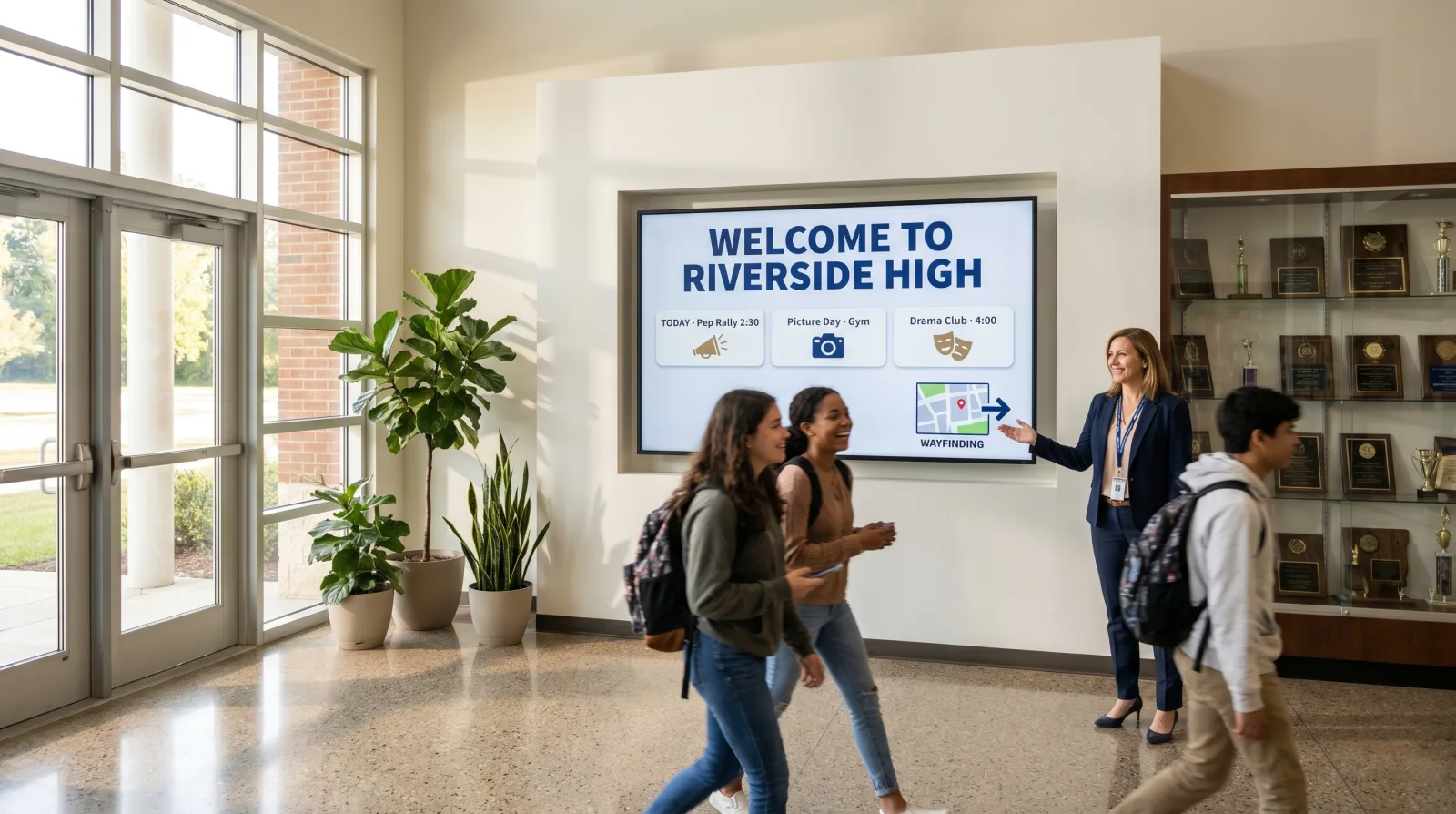 School principal showing a digital welcome and wayfinding display in a high-school entrance lobby, screen reading Welcome to Riverside High with today's events and a campus map.