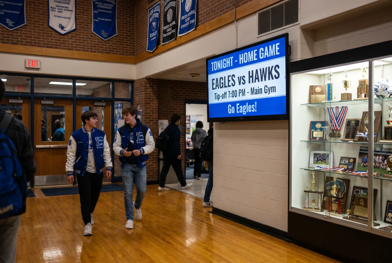 Gymnasium entrance digital signage on game day showing the home matchup Eagles vs Hawks and tip-off time beside a full trophy case.