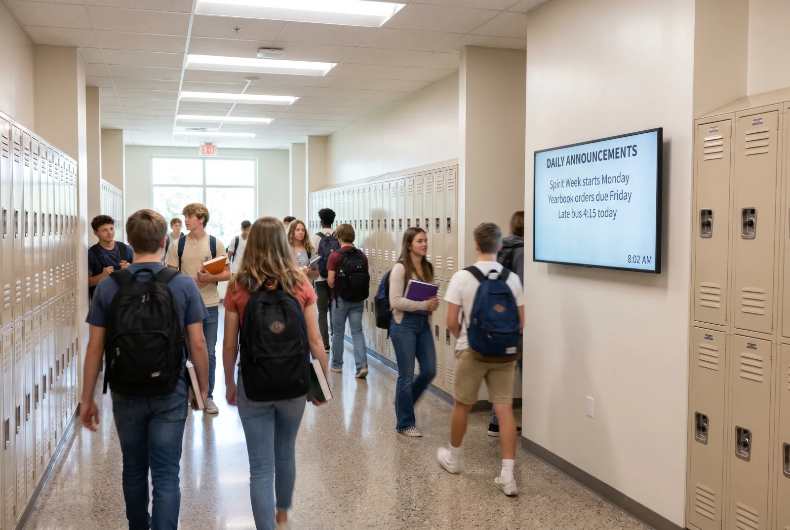 School hallway digital signage screen above the lockers showing daily announcements and an 8:02 AM clock as students walk between classes.