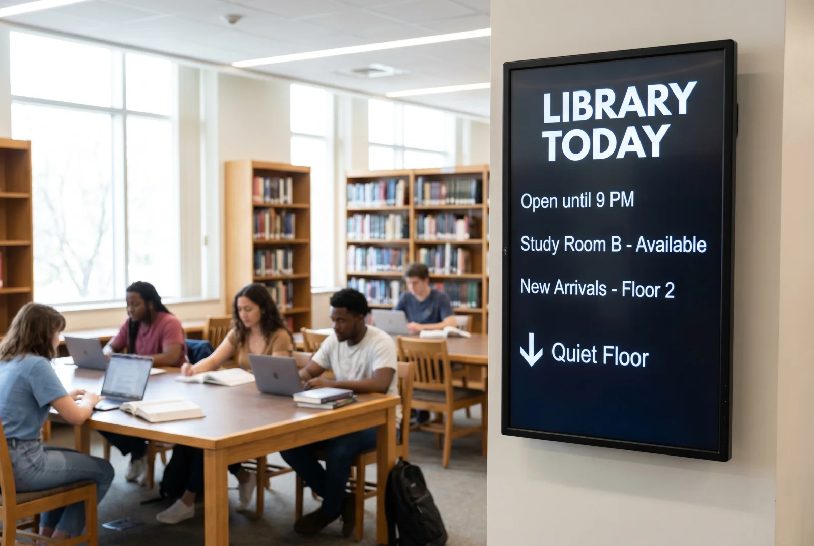 School library digital directory screen near the entrance showing hours, study-room availability, new arrivals, and a quiet-floor wayfinding arrow, students studying behind it.