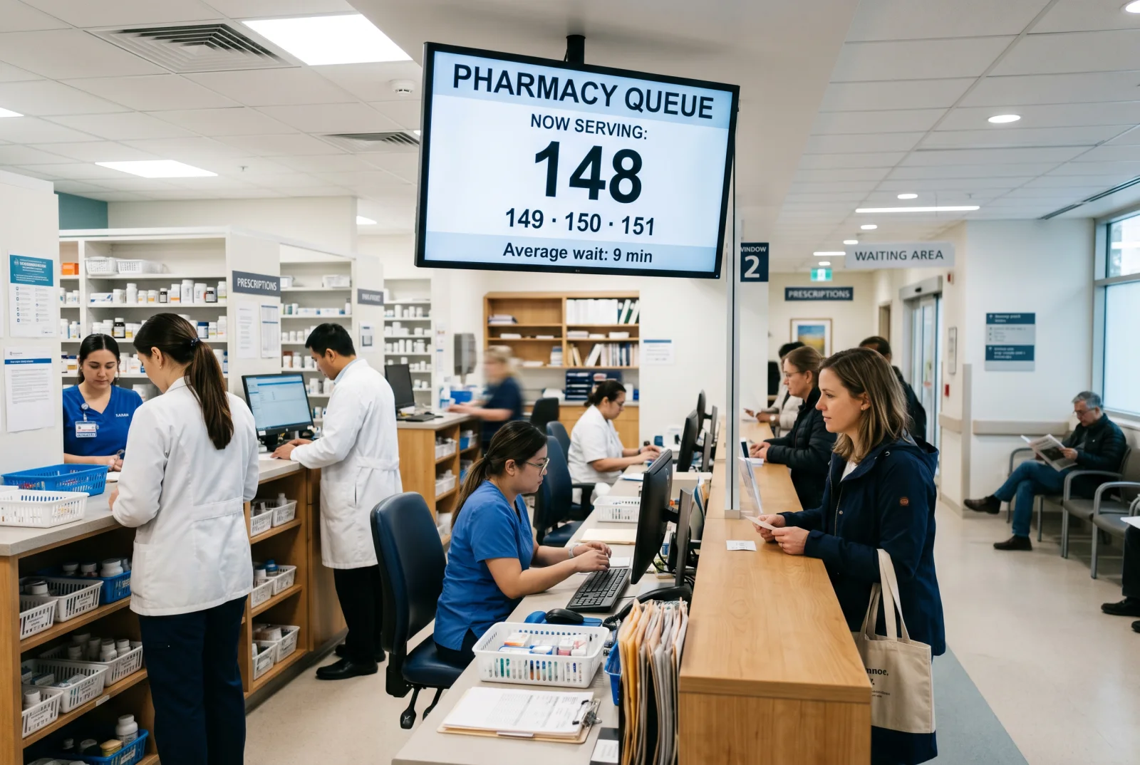 Hospital pharmacy queue screen showing now-serving prescription pickup numbers above the dispensary counter.