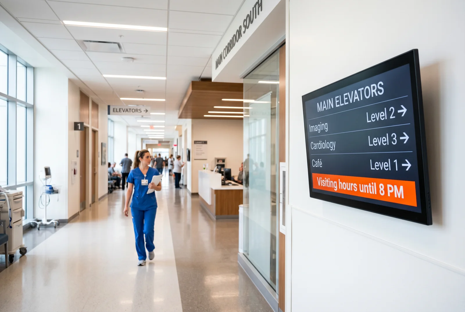 Hospital corridor wayfinding directory screen with department directions and an orange alert bar — hospital digital signage installed by CrownTV.