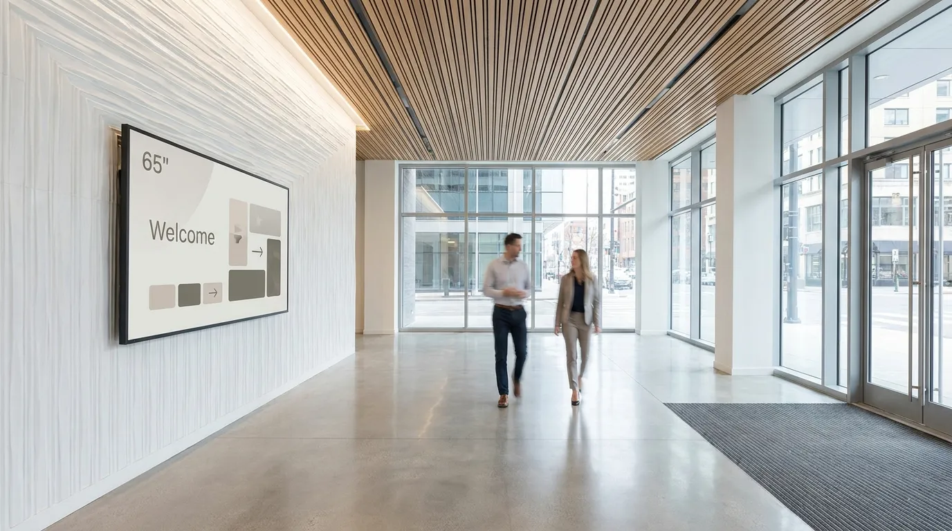 Modern multi-tenant building lobby with a wall-mounted commercial welcome display — one location in a multi-site digital signage network installed by CrownTV.