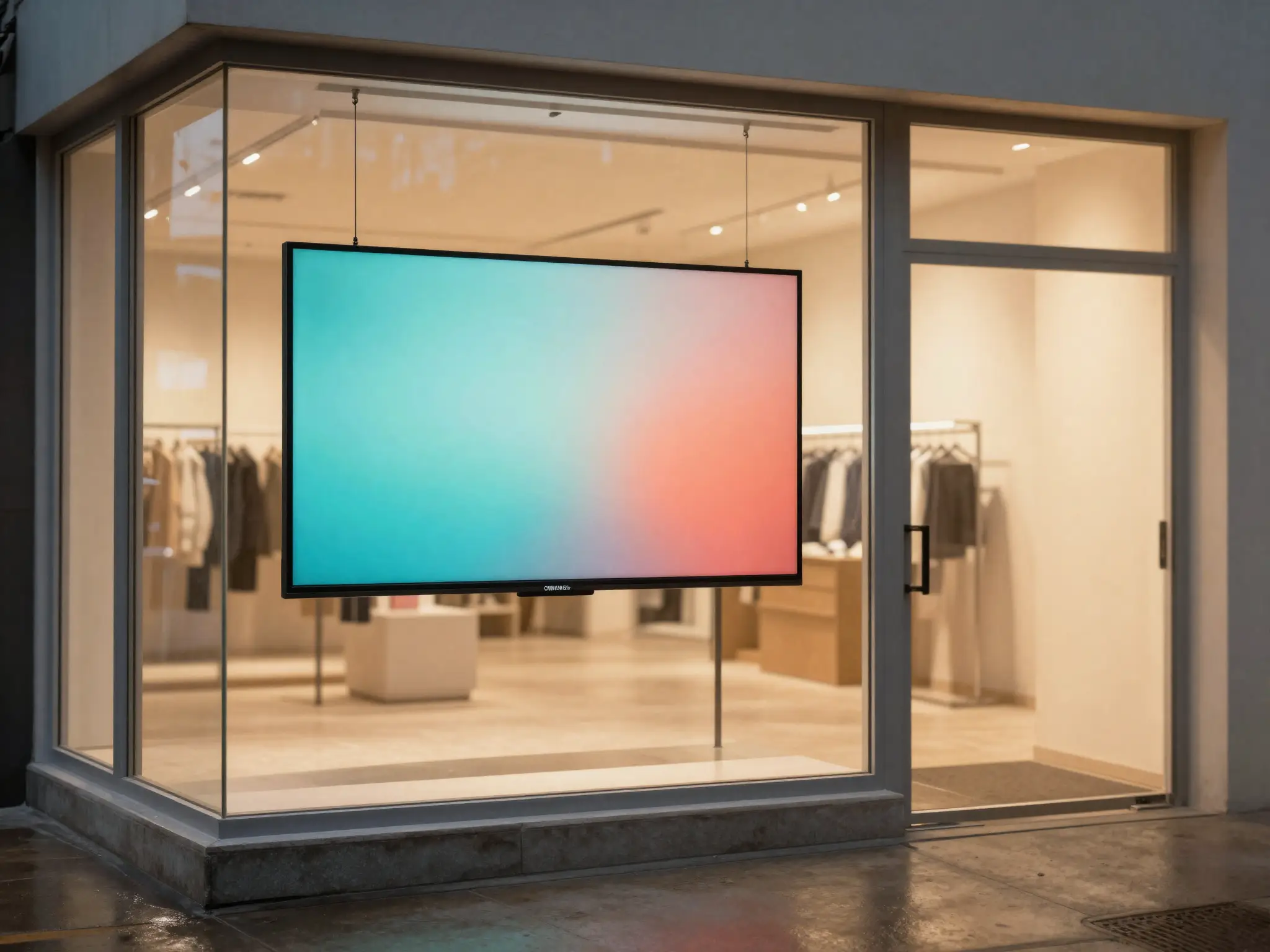 Retail storefront at dusk with a Samsung OM-series high-brightness window display.