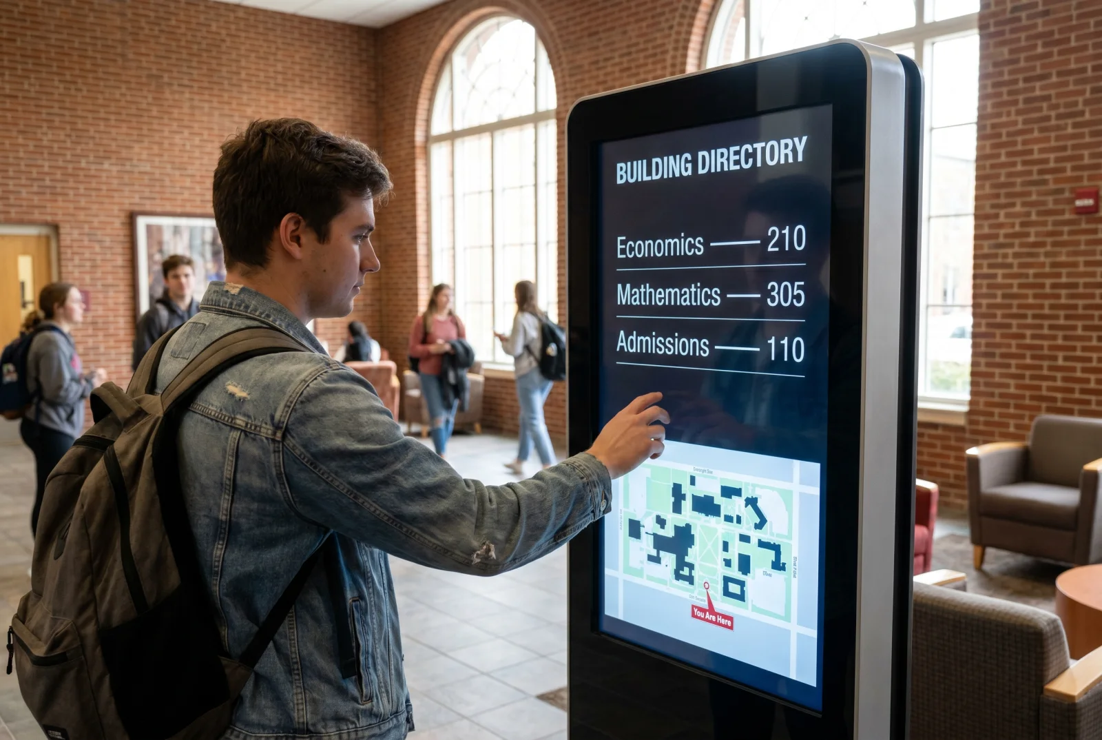 Touch-screen digital building directory kiosk in a university academic building showing departments, room numbers, and a campus map