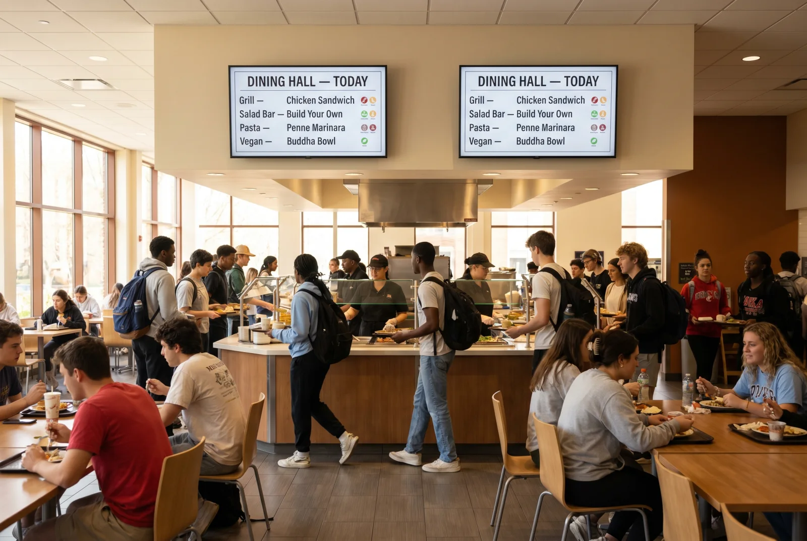 Digital menu boards in a university dining hall showing today's stations with allergen icons