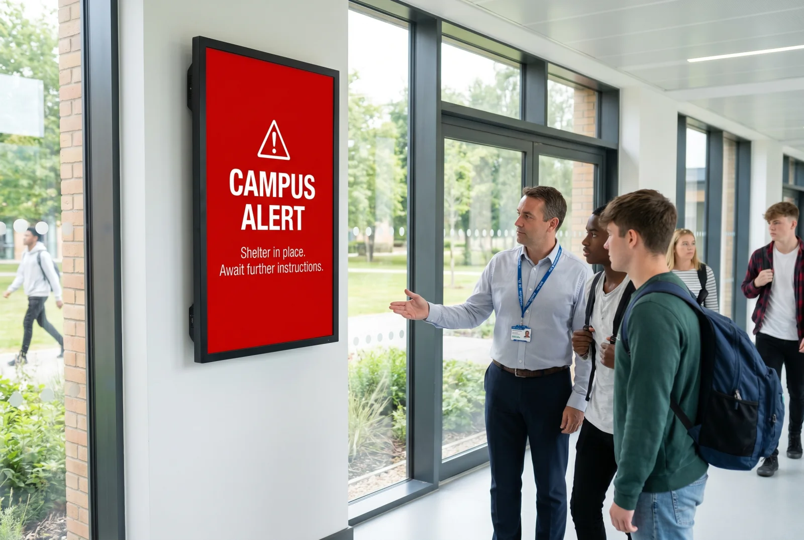 University digital signage emergency alert override showing a full-screen campus alert in a building corridor