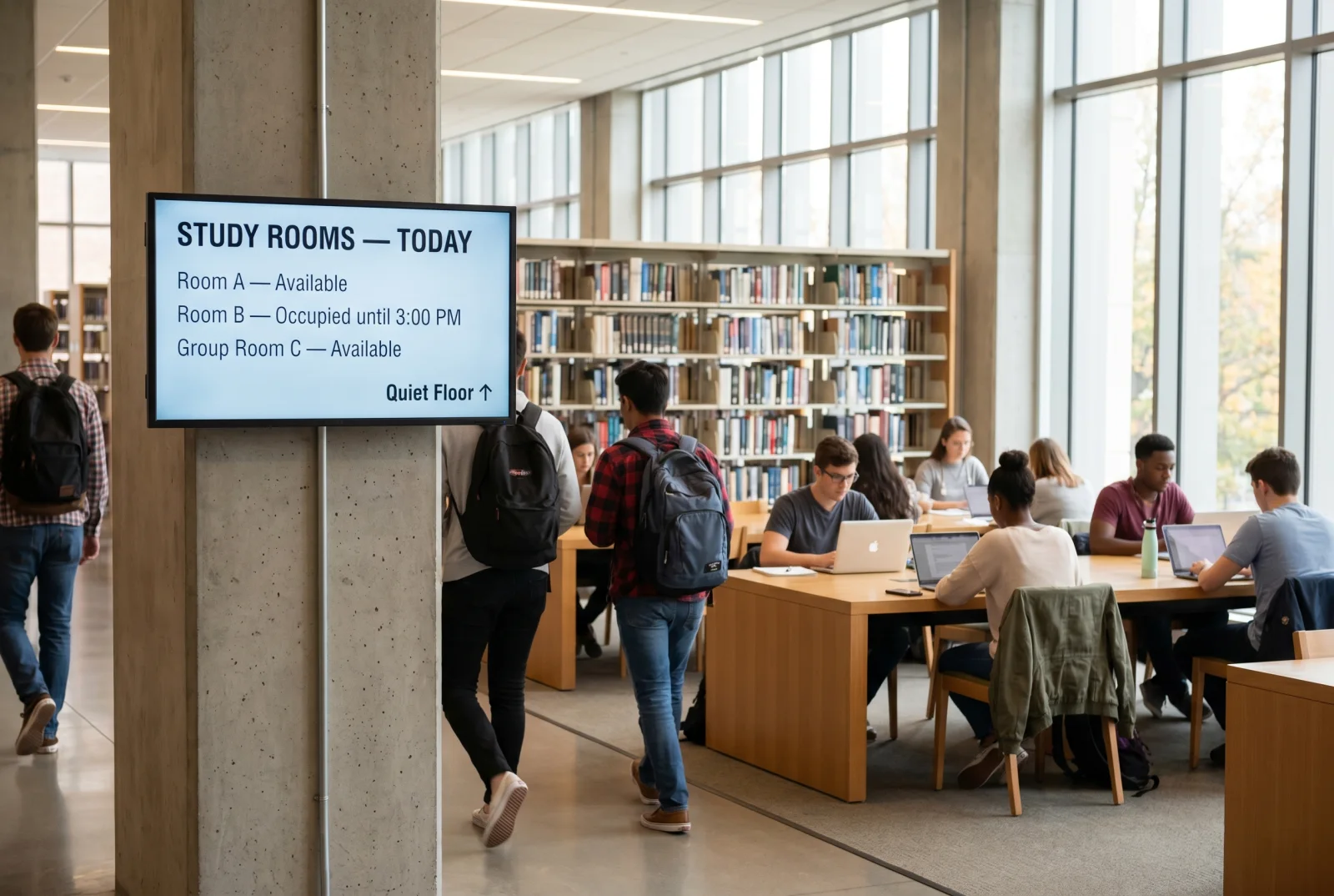 Digital signage in a university library showing live study-room availability and quiet-floor wayfinding