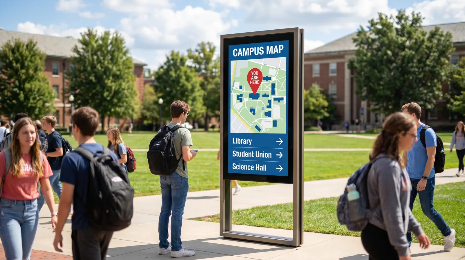 Outdoor digital wayfinding kiosk on a university campus quad showing a campus map and directory