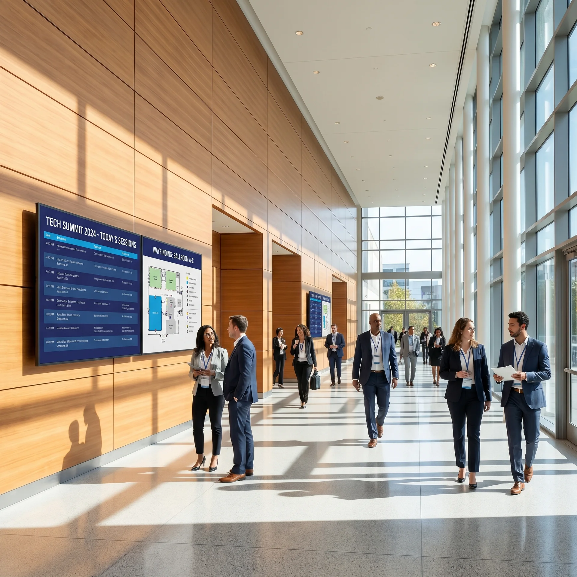 Education campus auditorium with CrownTV schedule and wayfinding screens