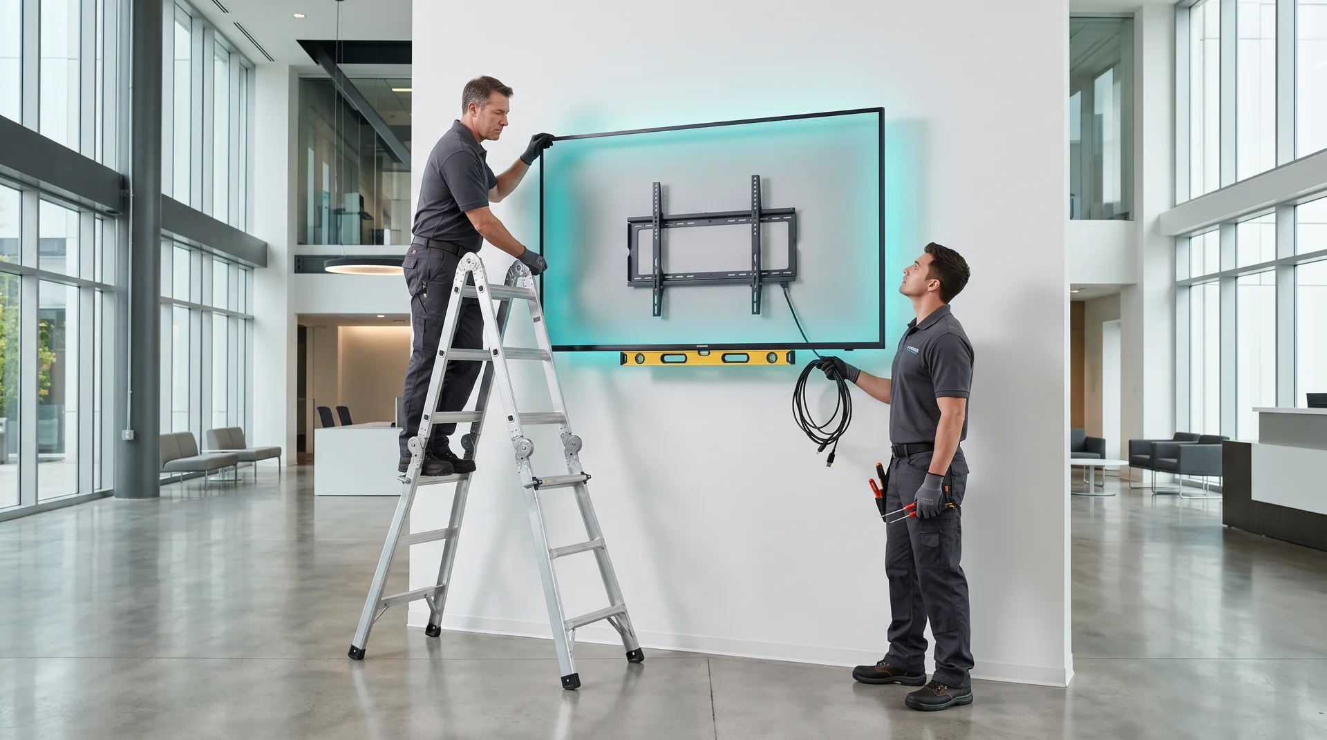 CrownTV install technicians on-site mounting a digital signage display in a corporate lobby