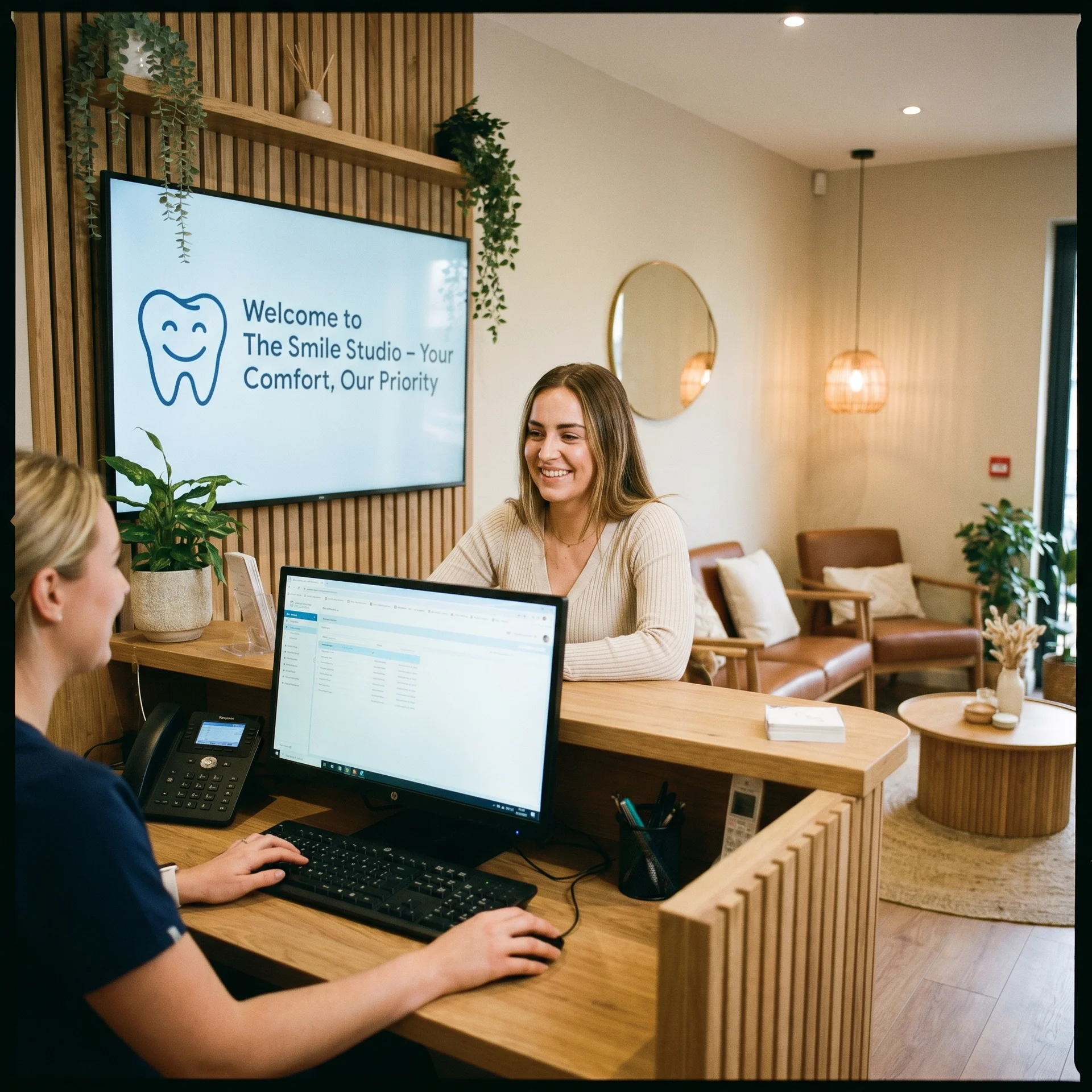 Boutique dental clinic reception with branded welcome screen — dental and medical office signage by CrownTV.