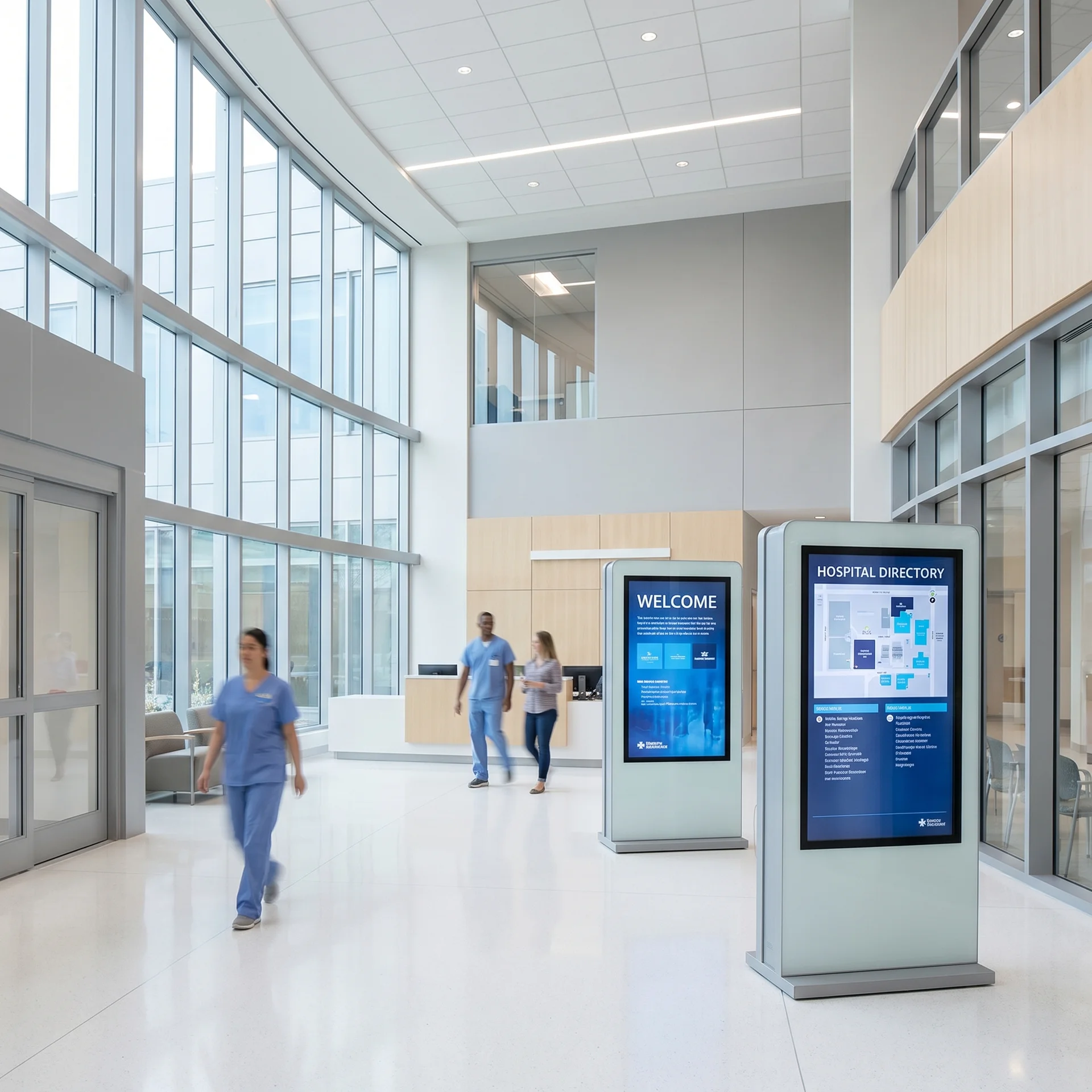 Hospital main lobby with welcome and Hospital Directory wayfinding kiosks — healthcare lobby digital signage.