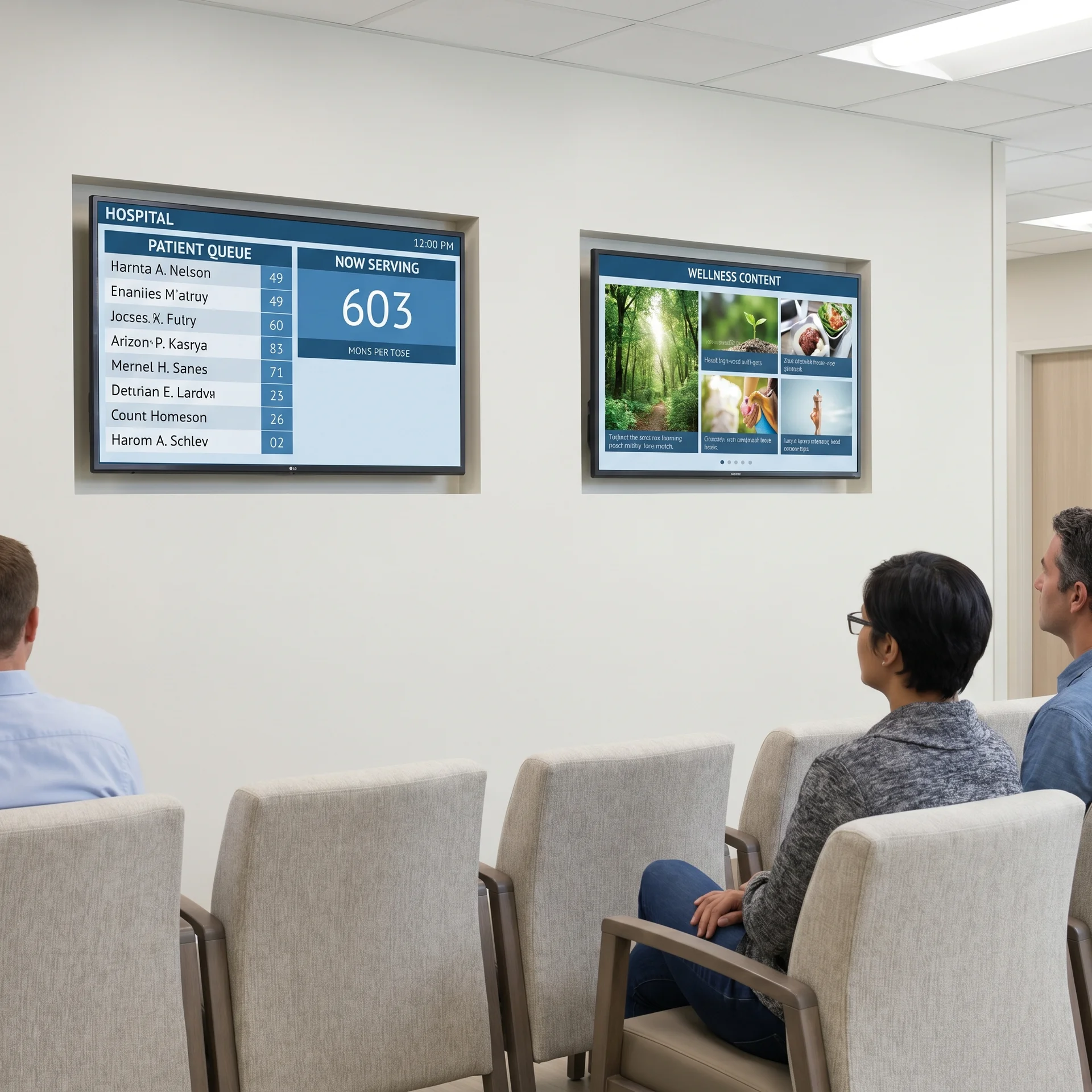 Hospital lobby with CrownTV patient queue display and wellness content rotation