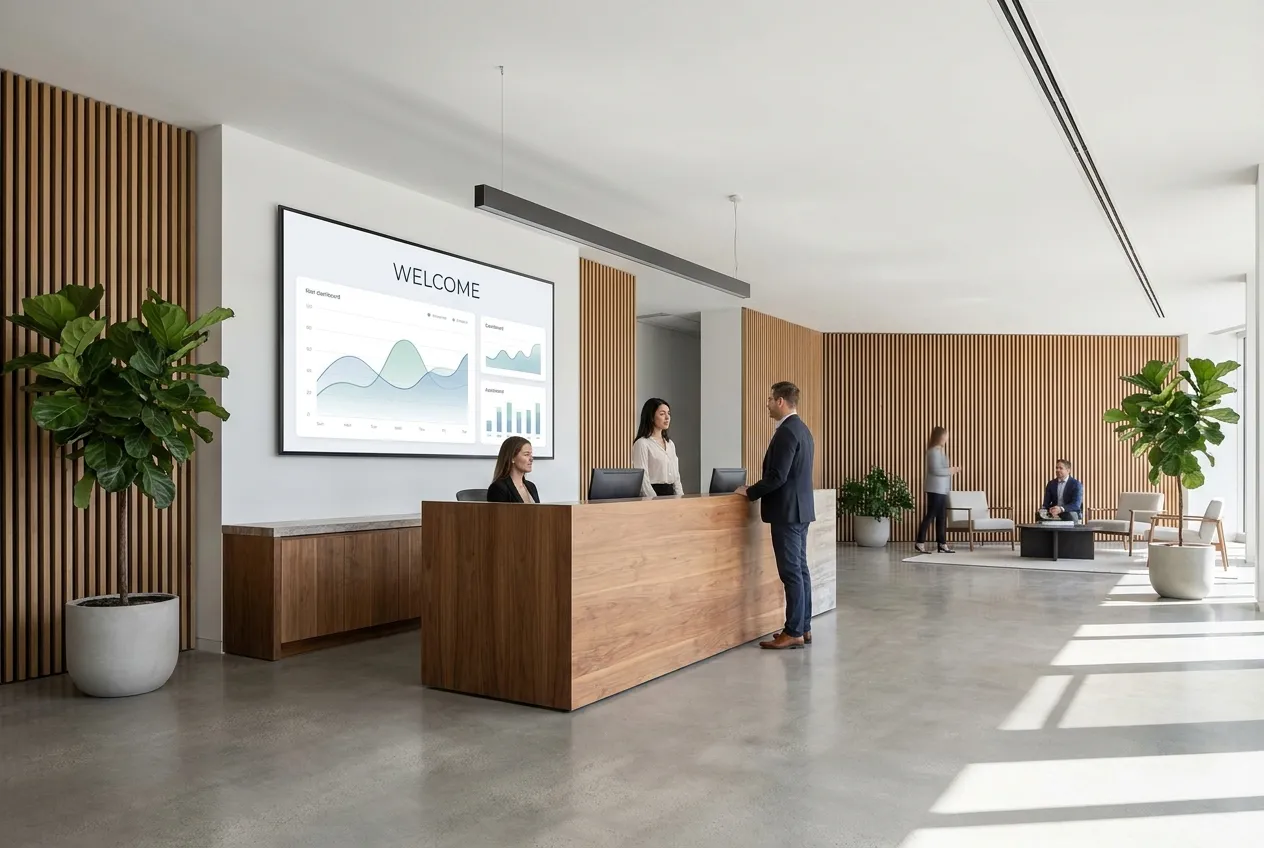 Corporate office reception with a large commercial display showing a welcome screen and KPI dashboard — enterprise digital signage network by CrownTV.