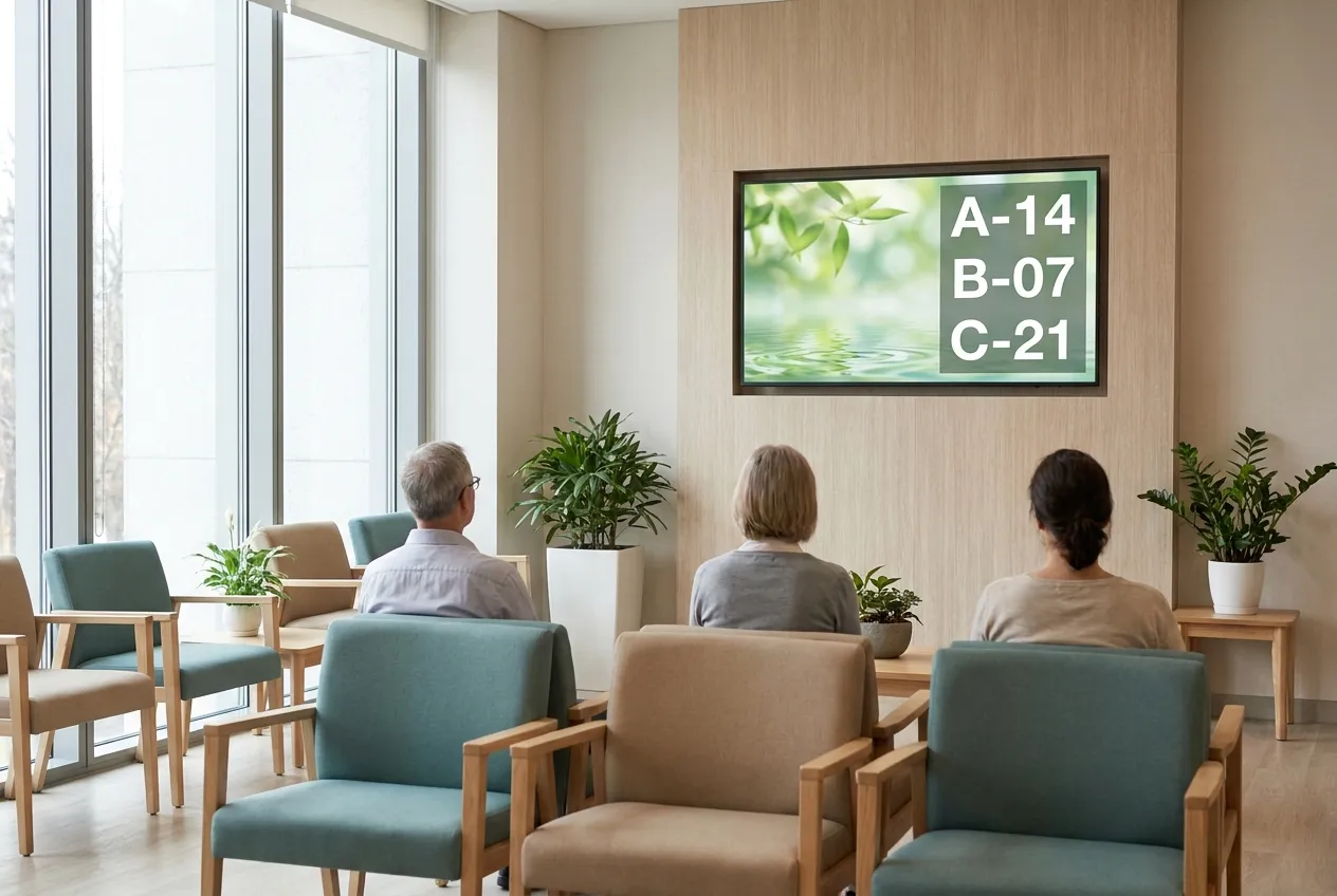 Outpatient clinic waiting room with a wall-mounted commercial display showing an anonymous patient queue board — part of a multi-location healthcare digital signage network by CrownTV.