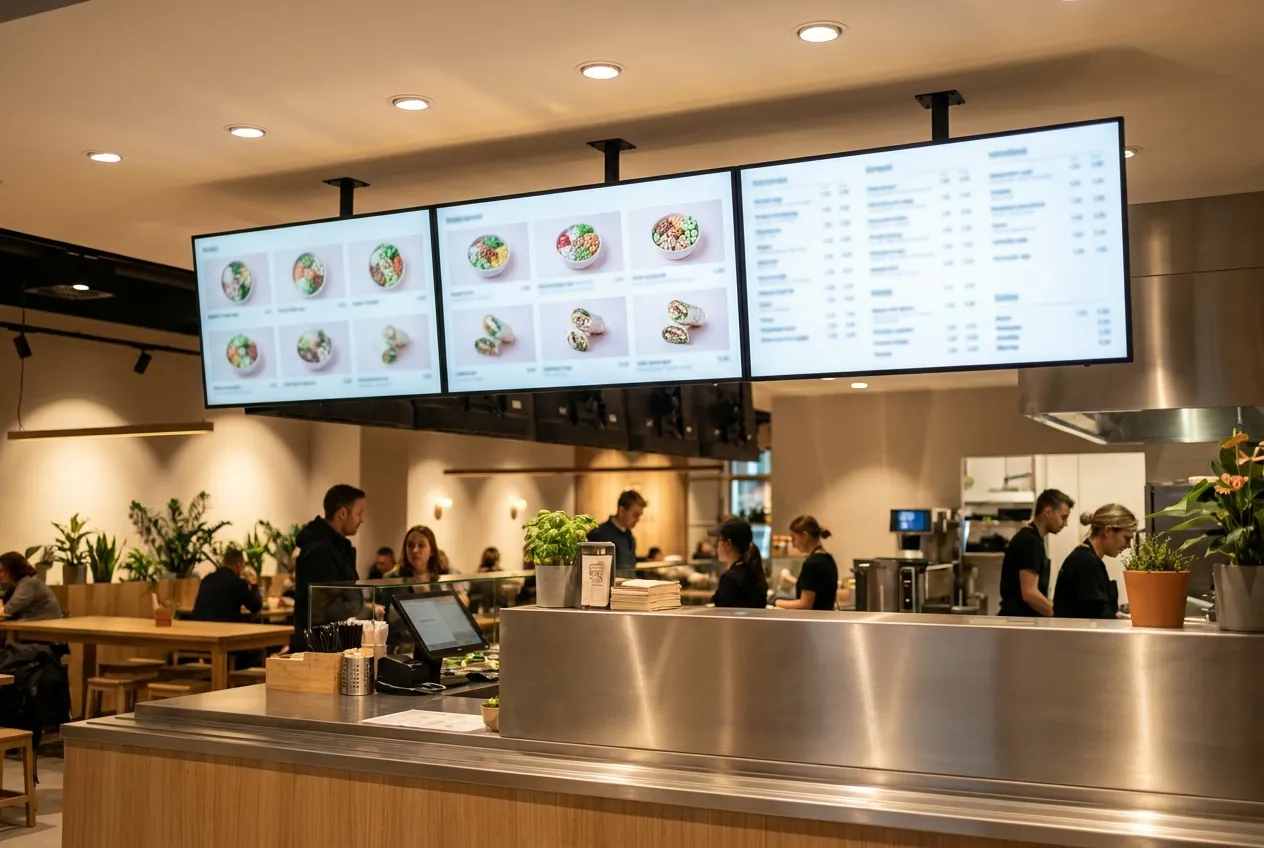 Quick-service restaurant counter with a row of overhead digital menu boards — multi-unit restaurant digital signage network by CrownTV.