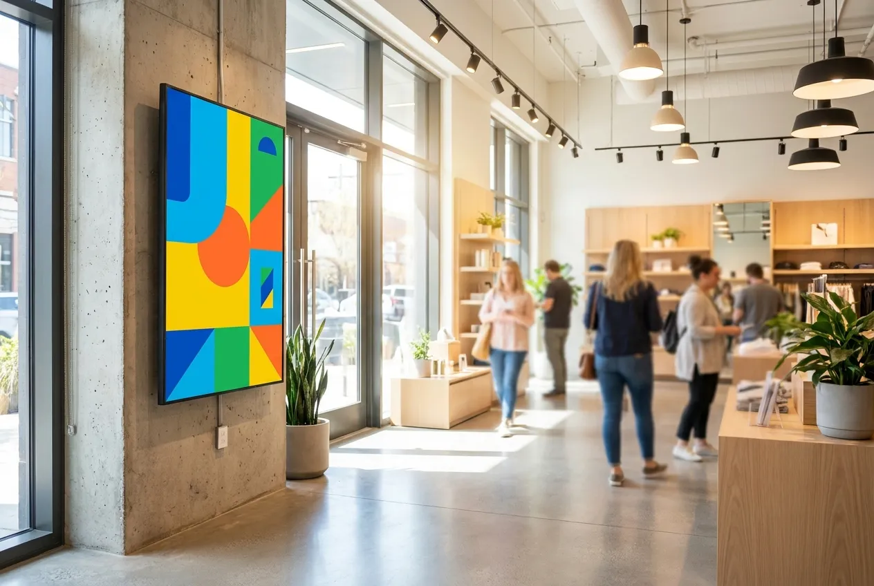 Bright retail store entrance with a portrait commercial display showing a bold promotional graphic — multi-location retail digital signage installed by CrownTV.