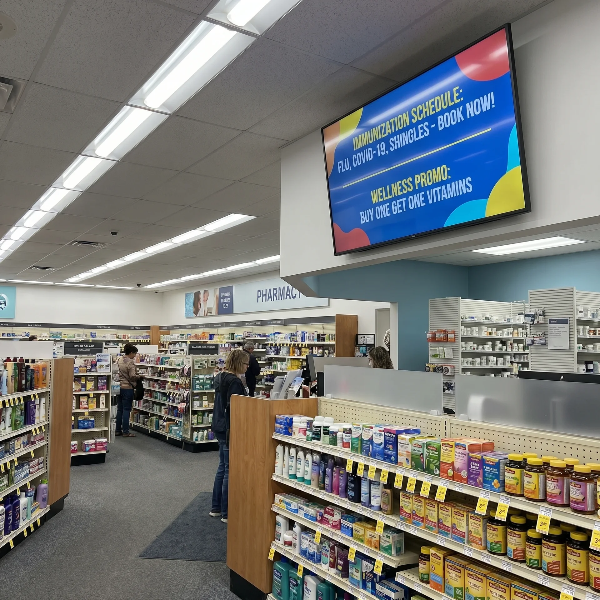 Pharmacy floor with CrownTV immunization schedule promo display