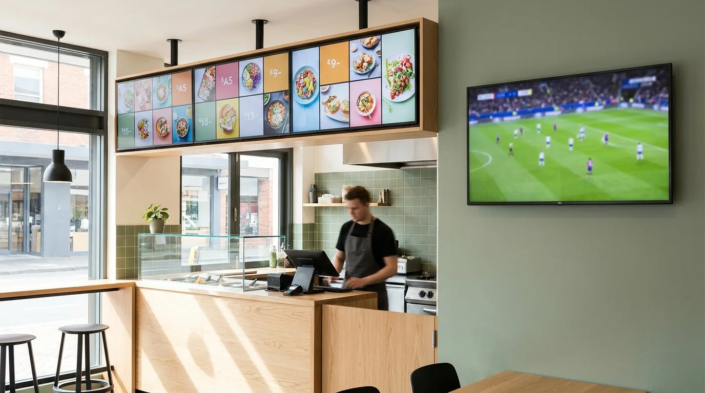 Fast-casual restaurant with digital menu boards over the counter and the match on a wall screen