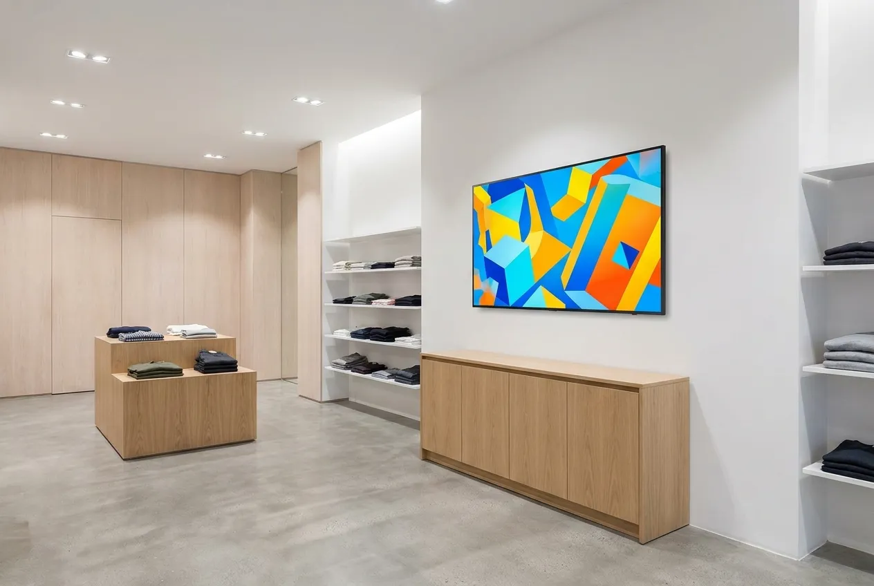 A 55-inch 4K commercial display wall-mounted in a modern retail interior — an indoor CrownTV install, shipped all-in per screen.