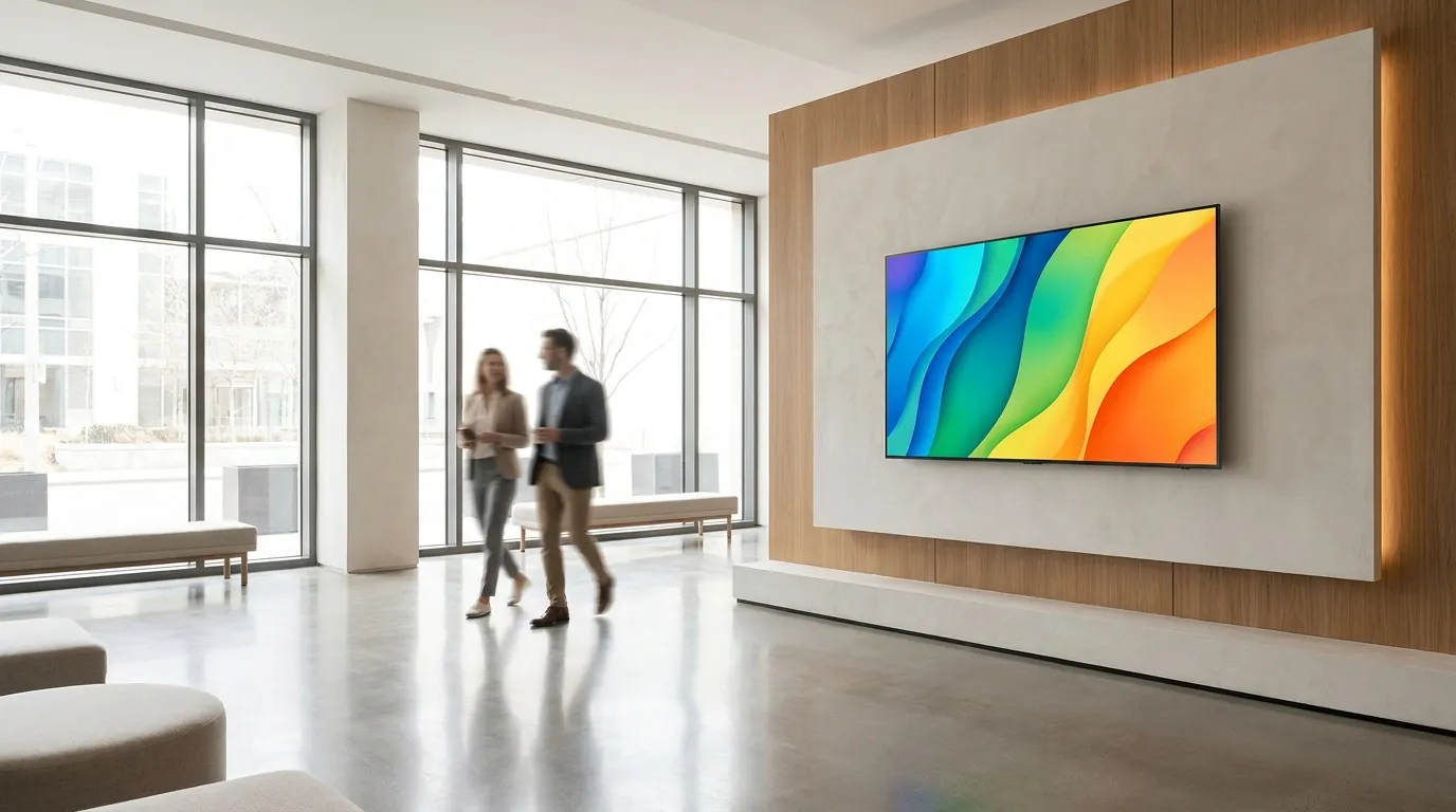 A 65-inch 4K commercial display wall-mounted in an upscale lobby, installed by CrownTV — the finished all-in result behind every per-screen price.