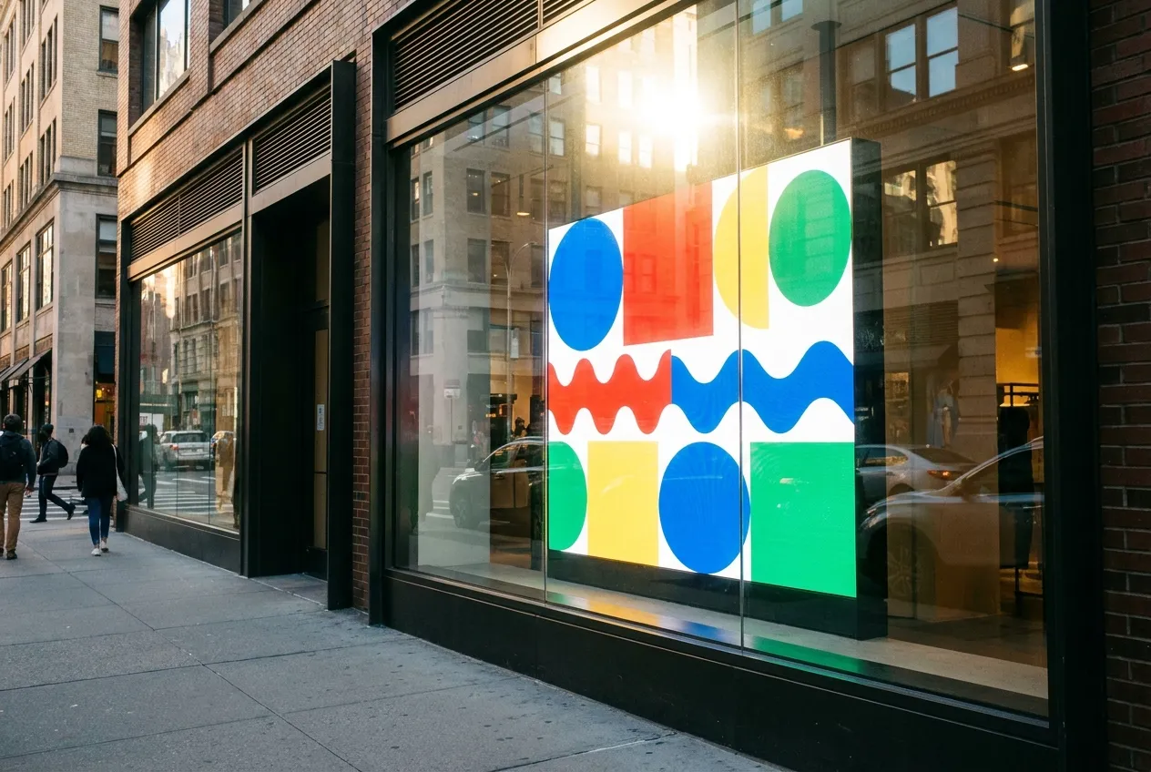 A high-brightness commercial display in a storefront window, readable in direct daylight from the sidewalk — a CrownTV window install.