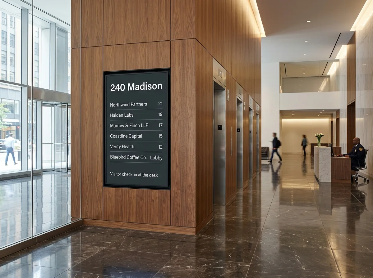 Second angle of the same office lobby: portrait directory listing fictional tenants by floor with a visitor check-in line at the desk