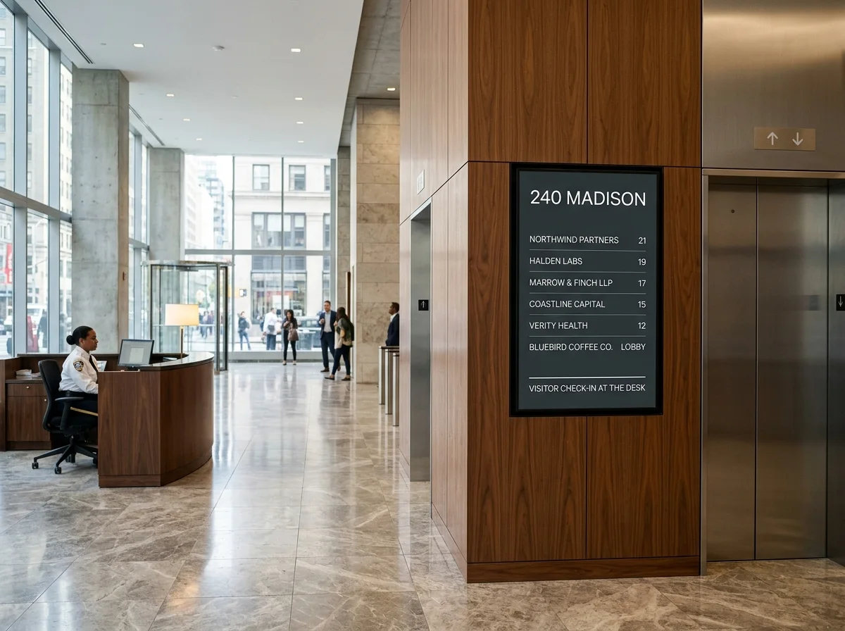 Portrait digital building directory display beside the elevator bank in a Manhattan office lobby, listing fictional tenants and a visitor check-in line