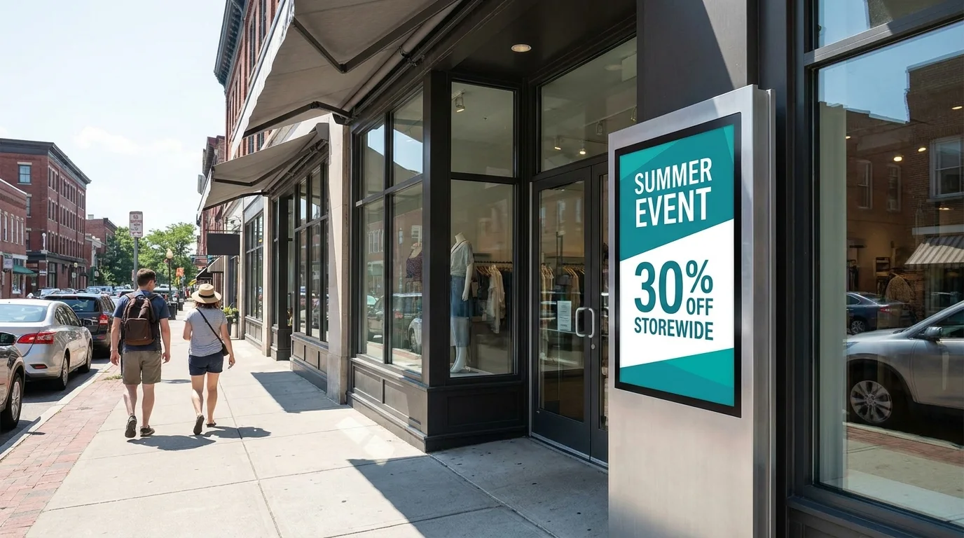 High-brightness outdoor digital signage totem beside a storefront staying readable in direct midday sun