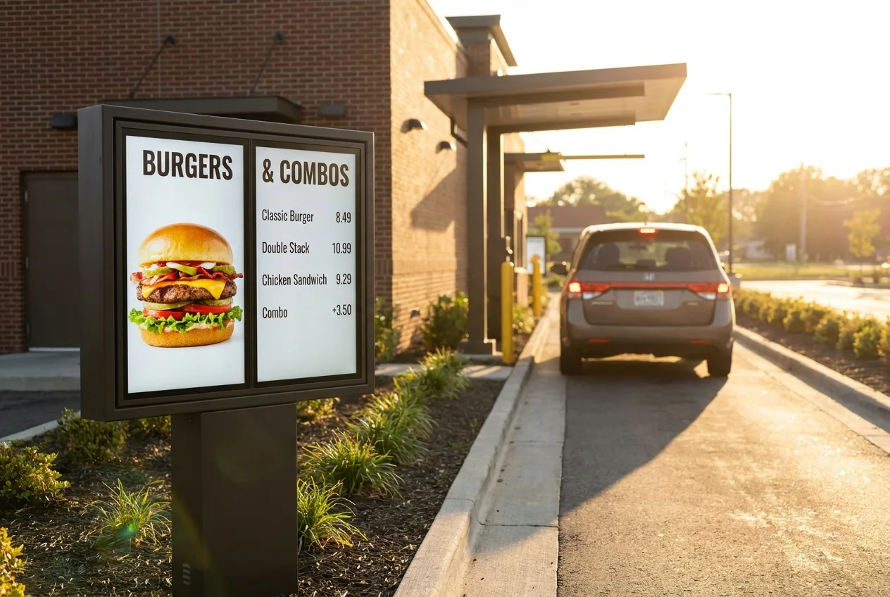 Outdoor drive-thru digital menu board with legible pricing in late-afternoon sun