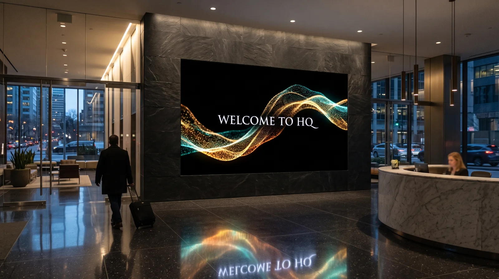 Samsung The Wall 146-inch MicroLED display in a corporate headquarters lobby, true-black screen blending into the dark stone feature wall