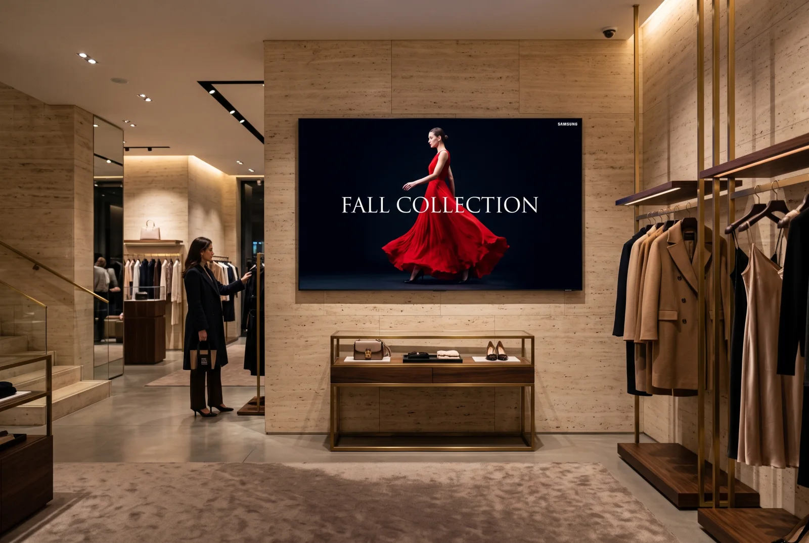 Samsung The Wall 146-inch MicroLED display as a campaign hero wall in a luxury fashion flagship store