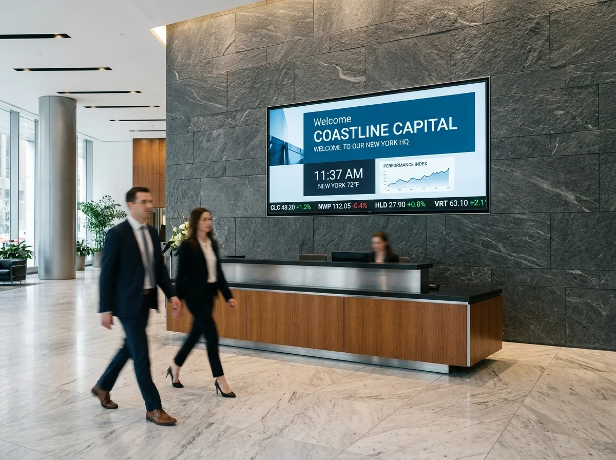 Second angle of the same reception lobby: display with clock, local weather, and a scrolling ticker strip of fictional stock symbols