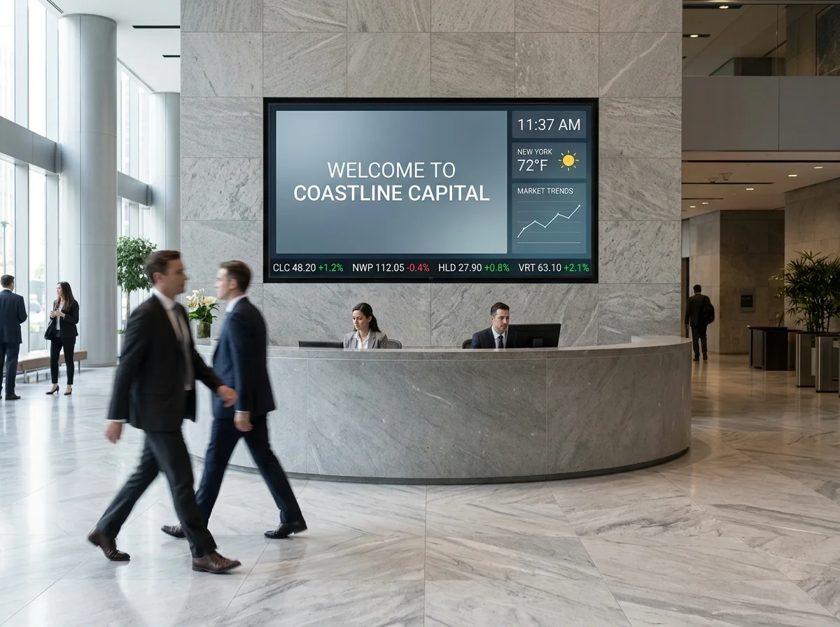 Lobby display above a reception desk running a welcome panel, clock, and a scrolling stock ticker strip with fictional symbols