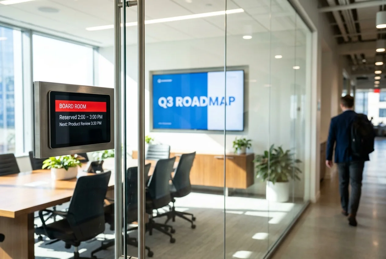 Meeting room scheduling display showing reserved status outside a glass conference room