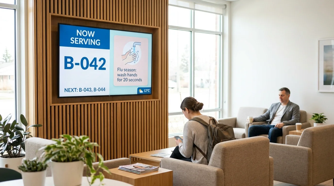 Waiting room TV showing patient queue and wellness content in a medical clinic