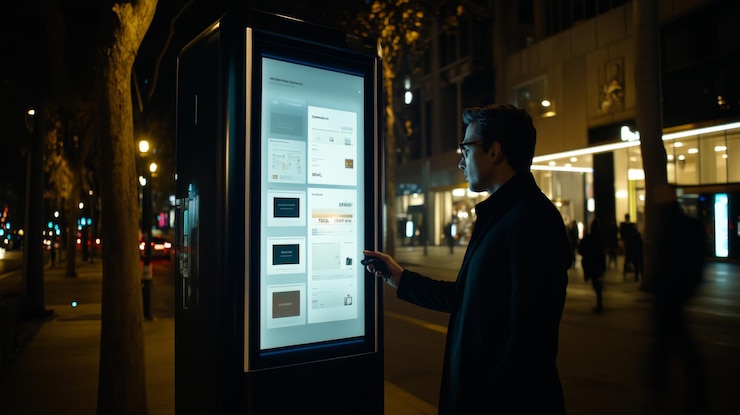 Man Interacting with Digital Signage in City at Night