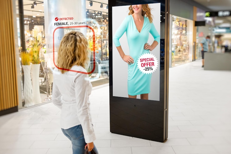 Woman walking in store while artificial intelligence advertising screen showing personalized offer