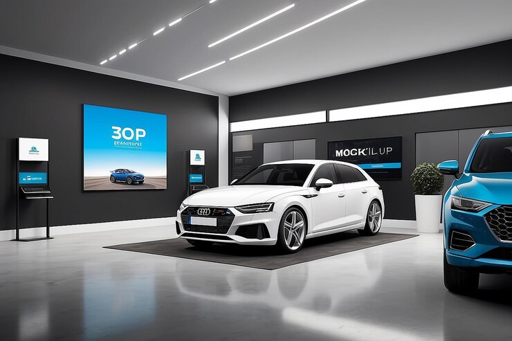 Car Dealership Branding Mockup Feature the Logo on Showroom Displays Brochures and Digital Screens