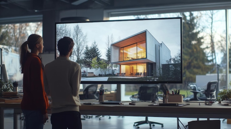 Exploring modern architecture through a digital presentation in a contemporary workspace during twil