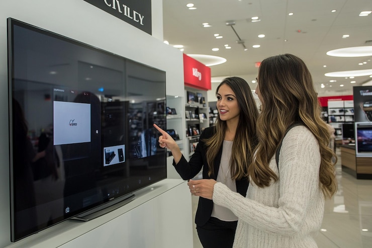 two women are commercial grade screens 0/1–3 interactive features 1/1–5 interactive kiosks 0/1–2 tv displays 0/1–2 interactive touchscreen 0/1 commercial grade 4/2–5 manage content 0/1–2 visually appealing 0/1–2 software platforms 0/1–2 video wall 2/1–2 remote management 0/1–3 at a display in a store