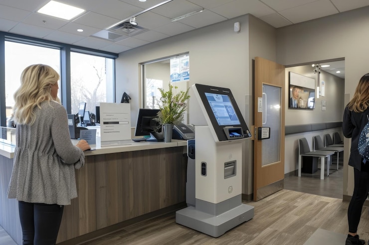 Clinic reception area with a digital checkin kiosk and people waiting