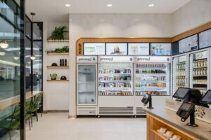 Pressed shop interior with refrigerated juice cases, overhead digital menus, and checkout terminals on a wood counter.