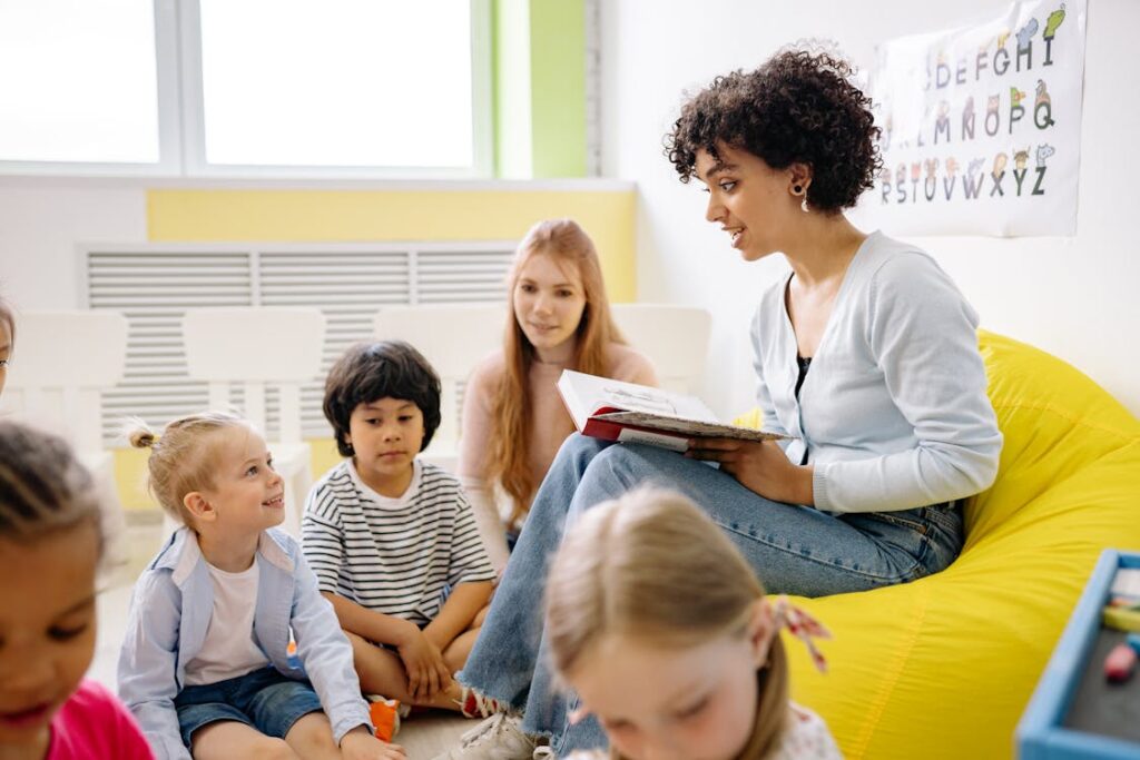 Bright colorful daycare classroom with children engaged in learning activities